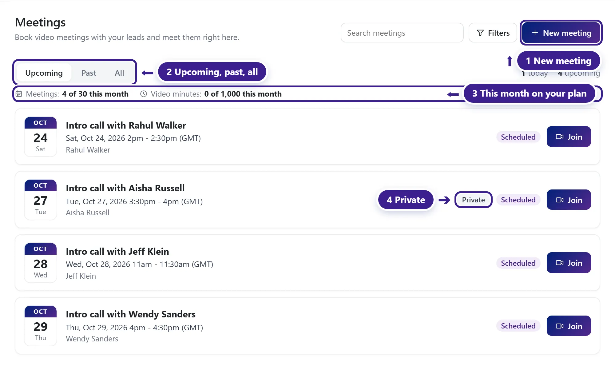 The Meetings page with New meeting, the Upcoming, Past and All views, this month's meetings and video minutes, and a Private meeting marked.