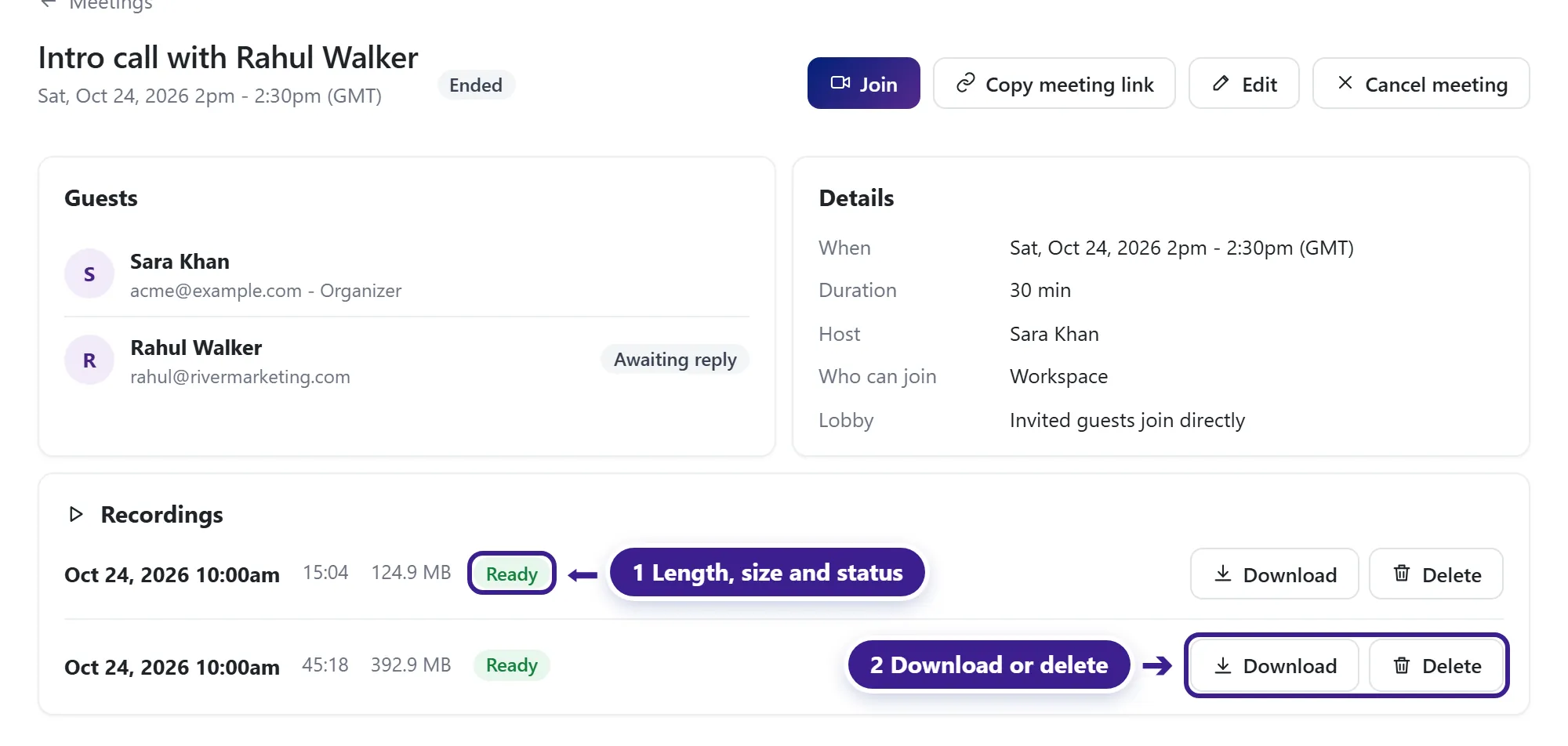 A meeting page with its Recordings: each with its date, length, size and status, and Download and Delete marked.