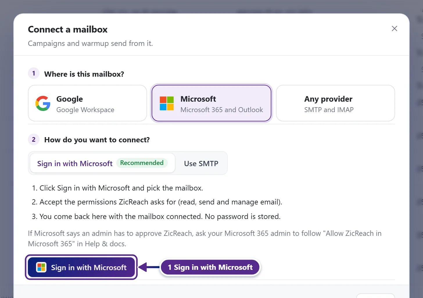 The Microsoft step of the Connect a mailbox popup with the Sign in with Microsoft option.