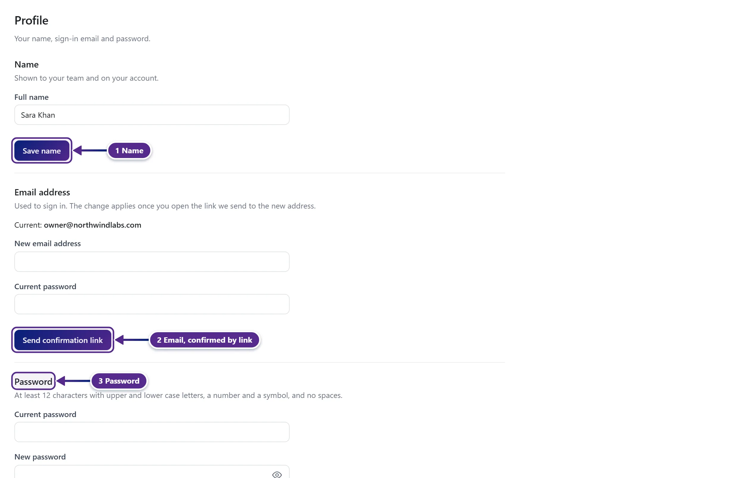 The Profile page with the Name, Email address and Password sections.
