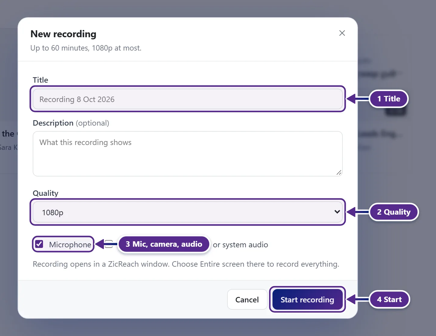 The New recording popup with the title, quality and the microphone, camera and audio choices.