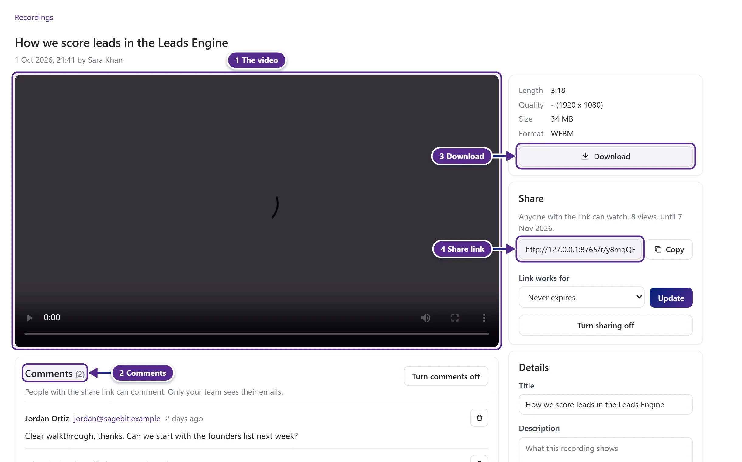 A recording page with the video, the comments, the Download button and the Share card.