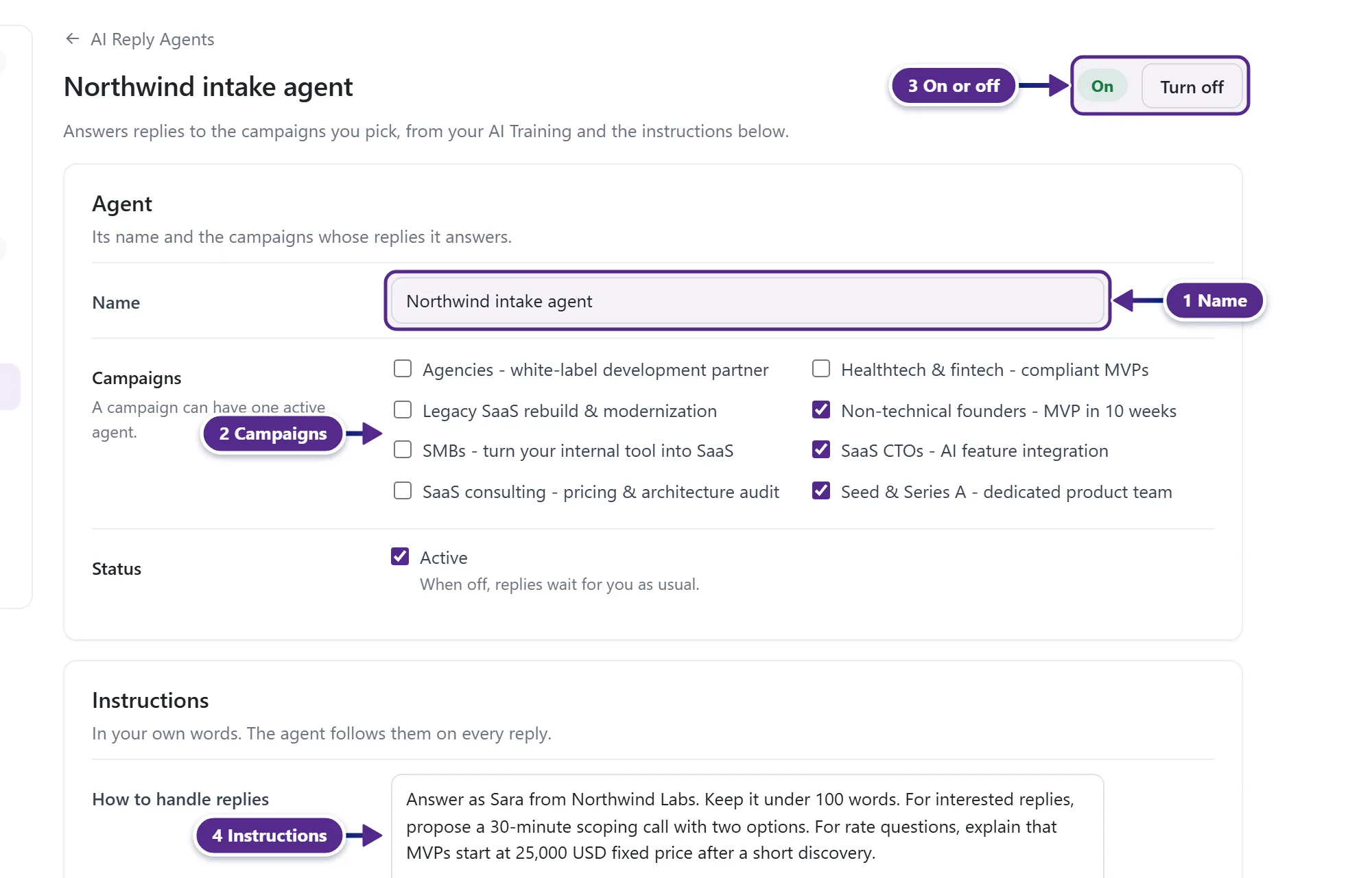 An AI Reply Agent page with its name, campaigns, status and instructions.