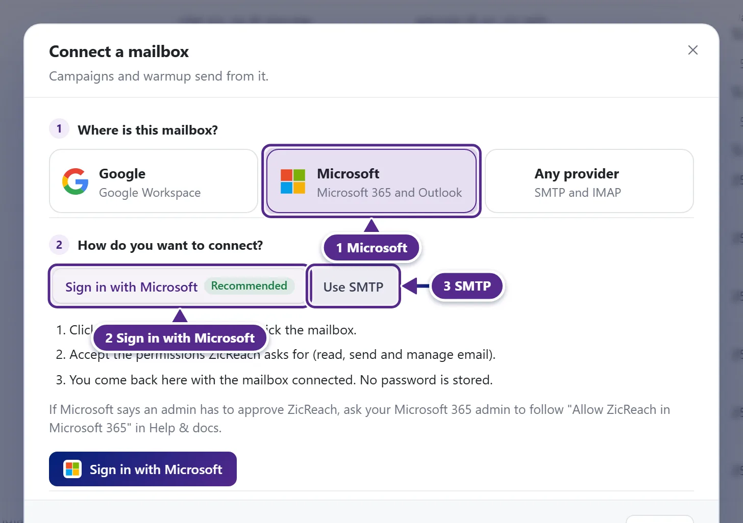 The Connect a mailbox popup with Microsoft picked and the Sign in with Microsoft button.