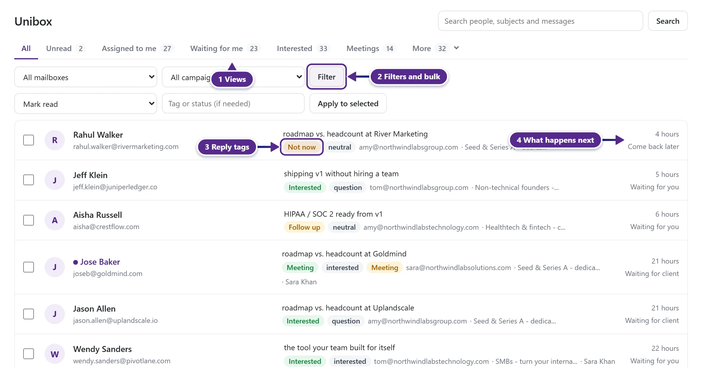 Unibox with the views, the filters and conversations tagged Interested, Meeting and Not interested marked.