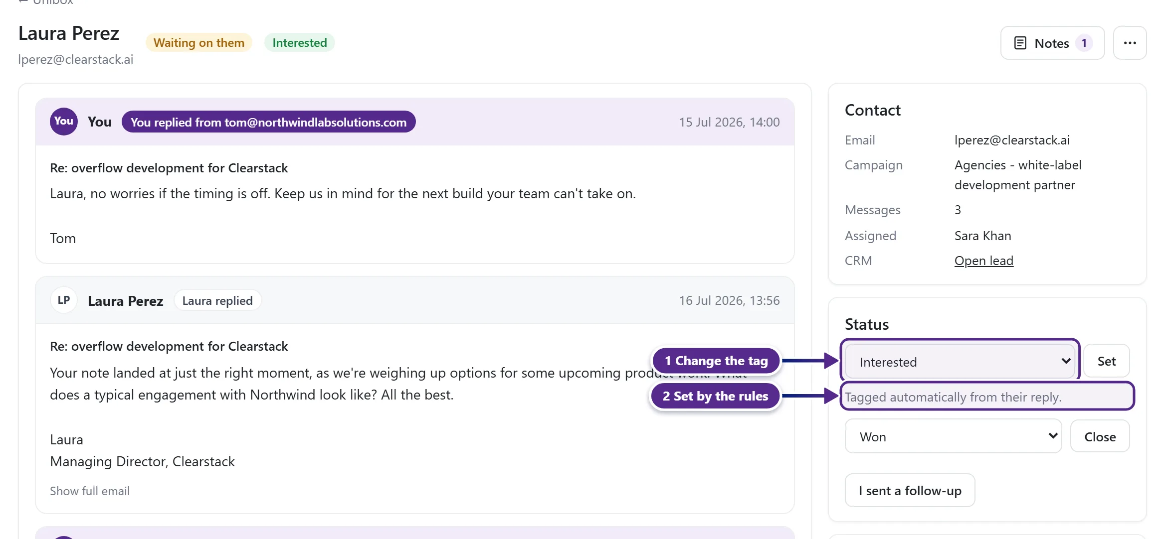 A conversation with the Status card, its status picker and the automatic tag note marked.