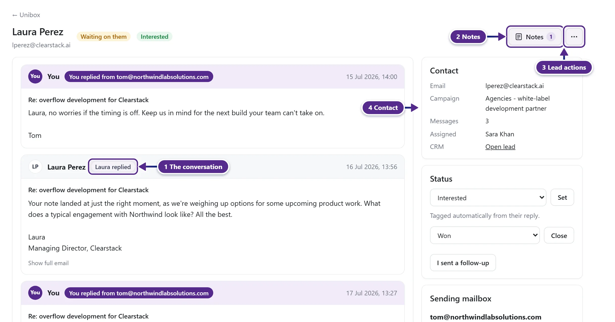 A Unibox conversation with the messages, the Notes button, the lead actions menu and the contact card.