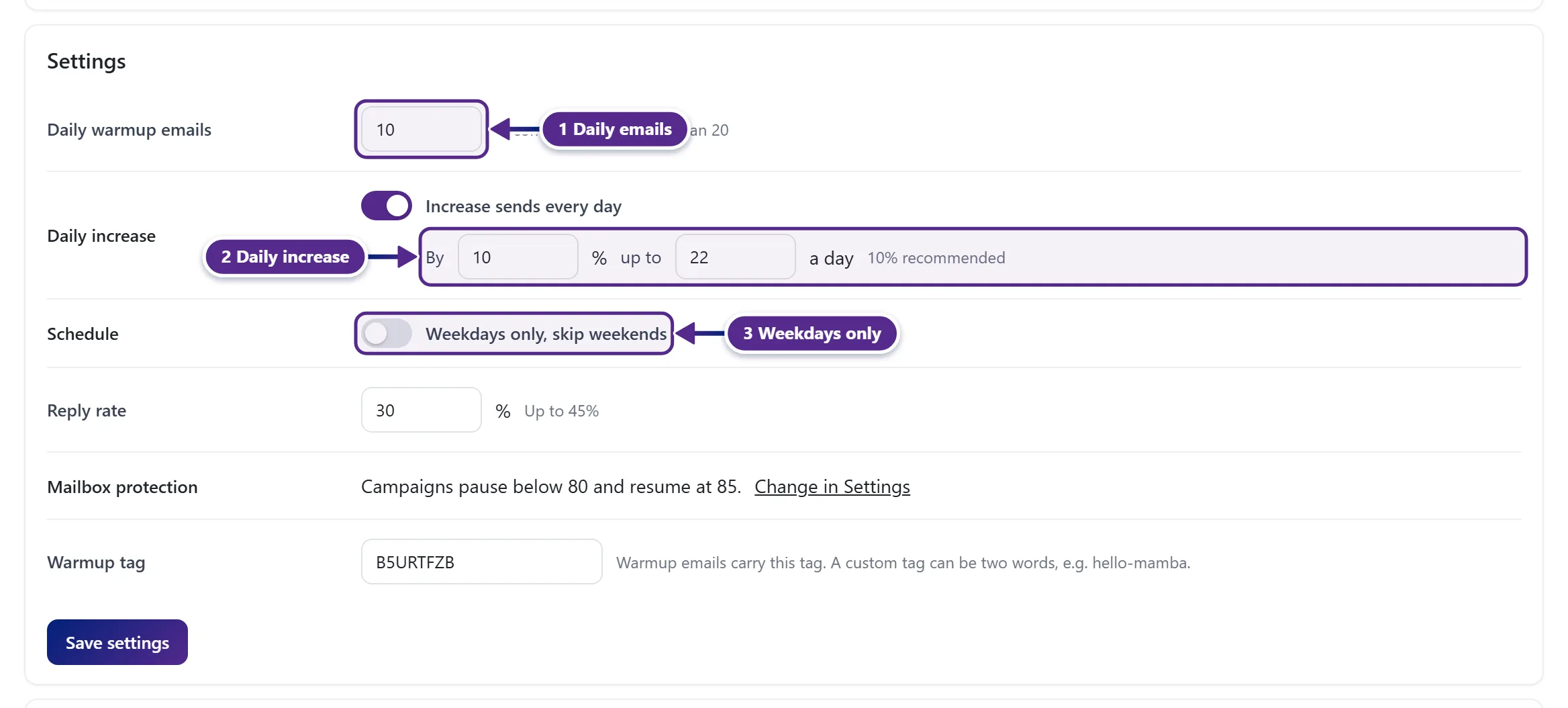 The Settings card on a mailbox Warmup tab with daily warmup emails, daily increase, schedule and reply rate.