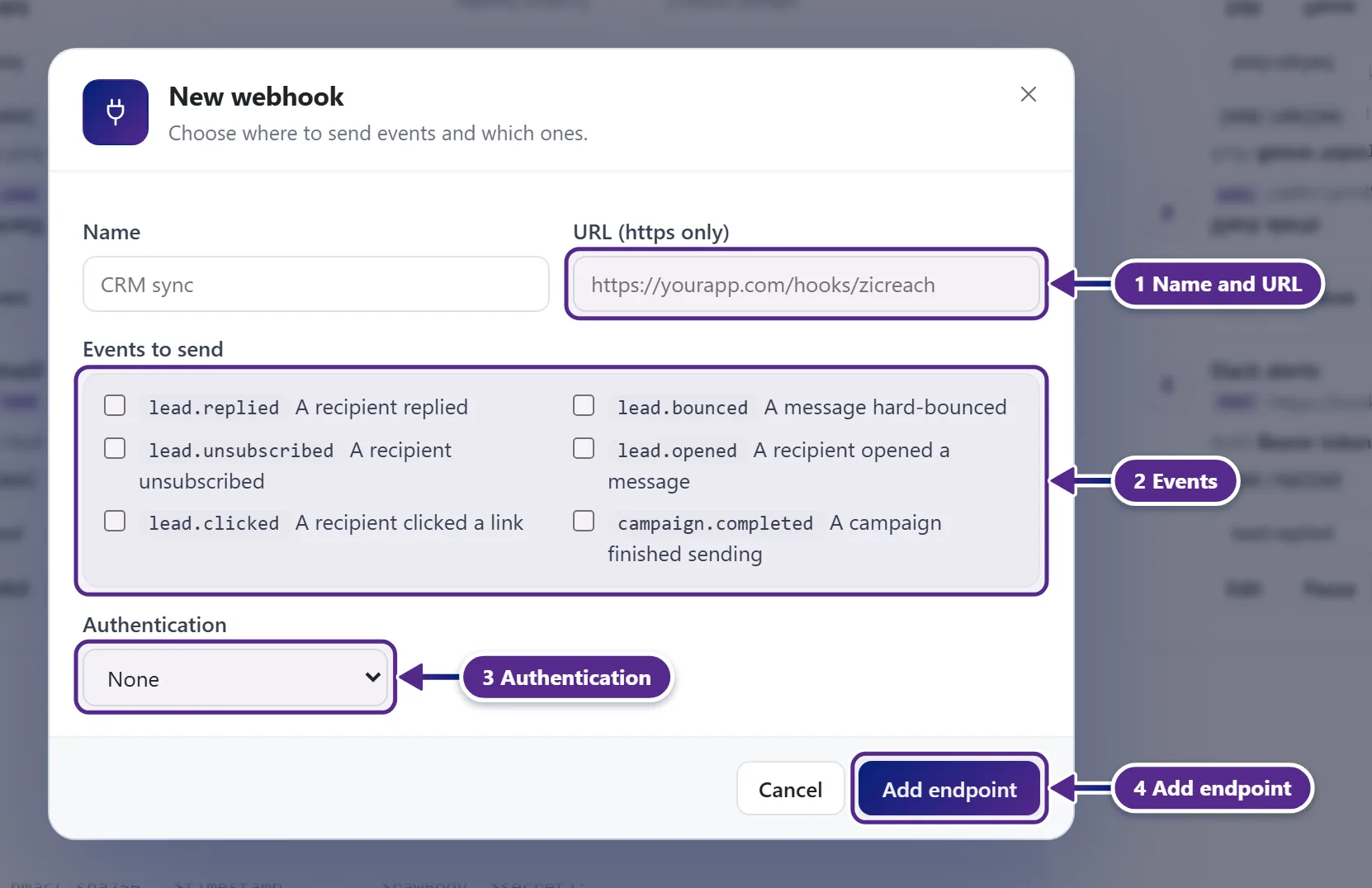 The New webhook popup with the name, the URL, the events and the authentication choice.