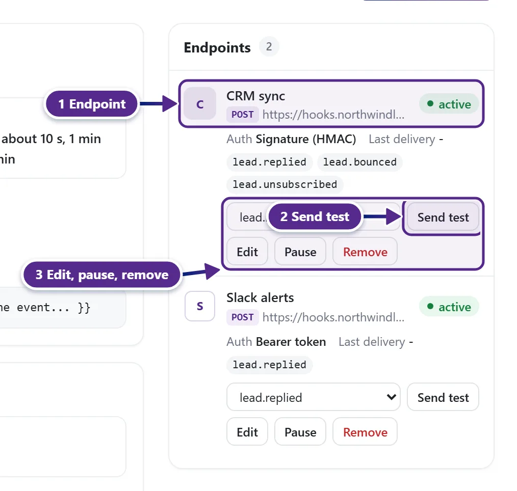 The Endpoints panel with two endpoints, their authentication, the event picker and Send test.