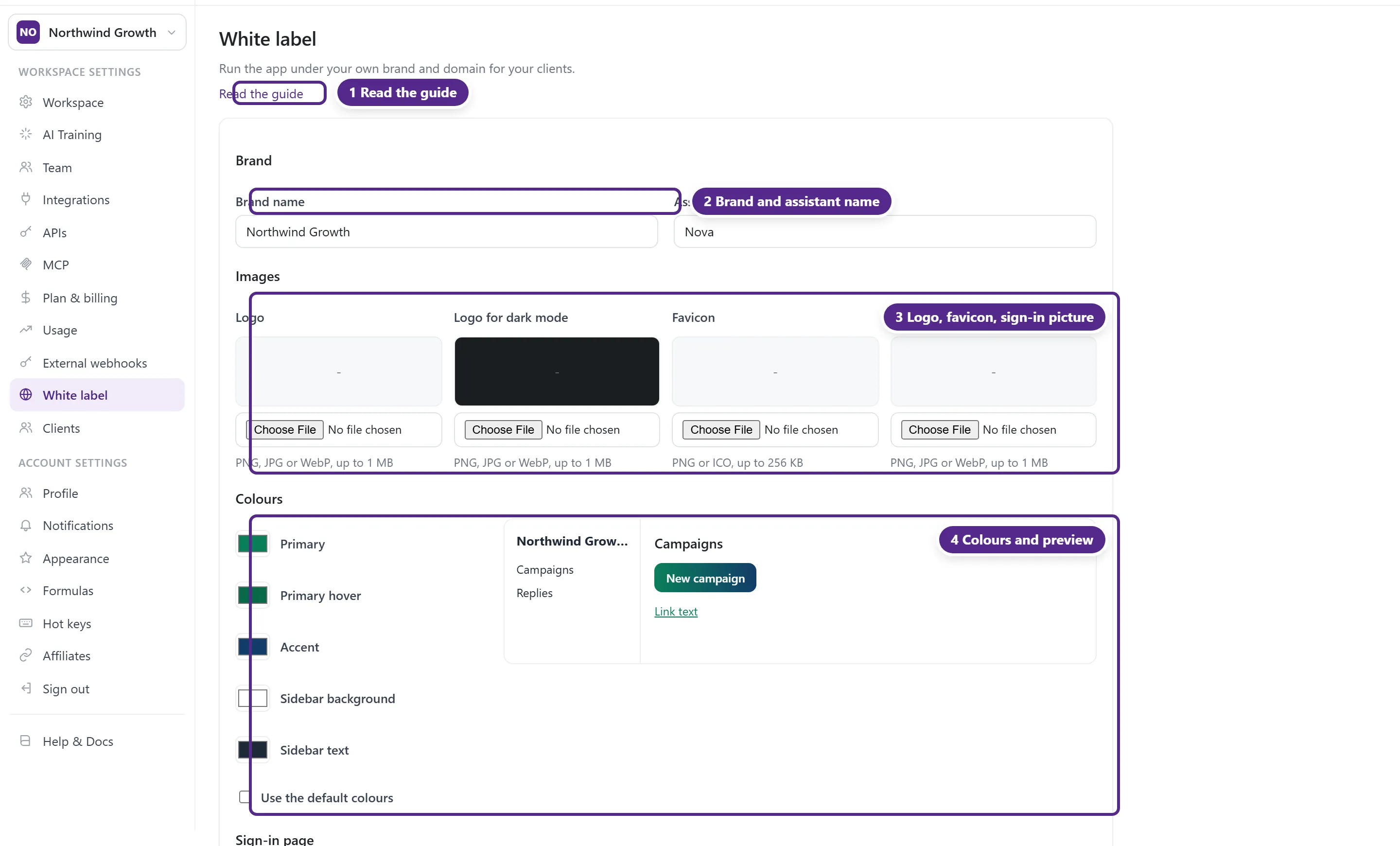 The White label settings page with the Brand, Images and Colours sections and the live colour preview.