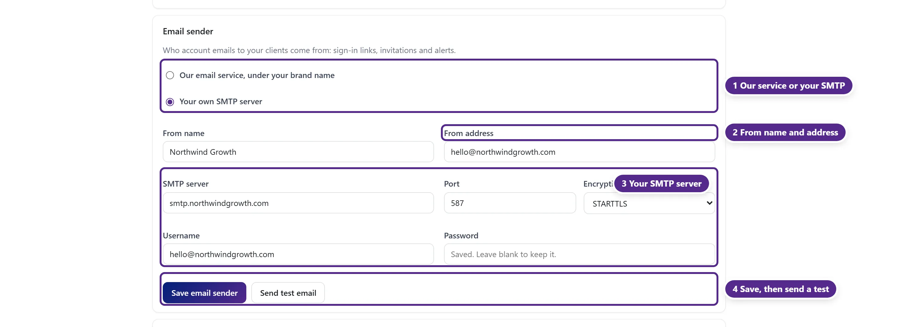 The Email sender card with the two sender choices, the from name and address, the SMTP fields and the save and test buttons.
