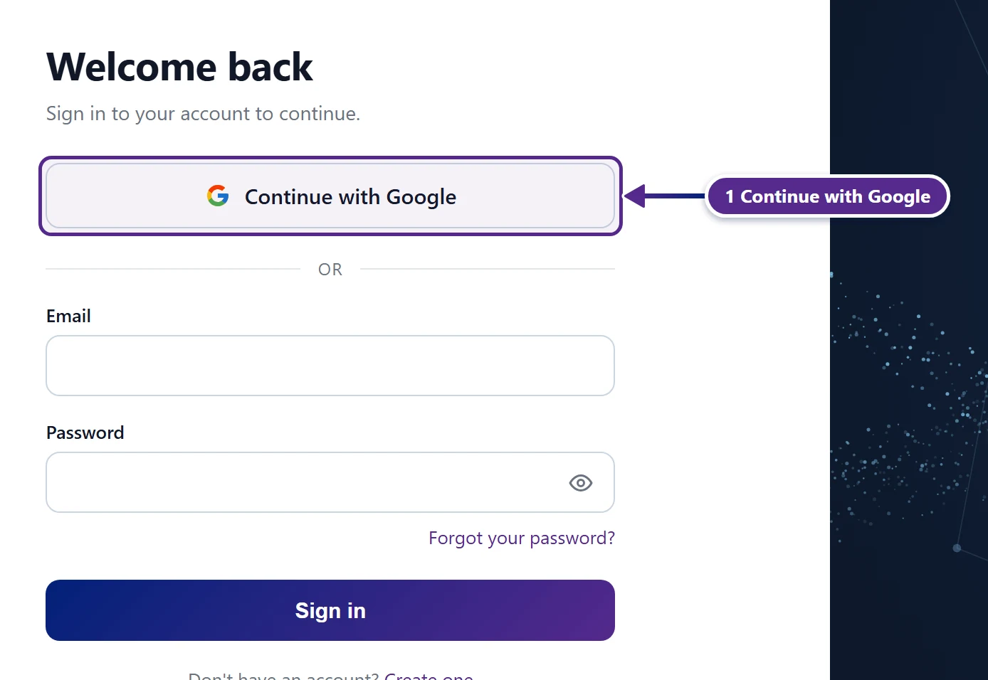 The sign-in page with the Continue with Google button marked.