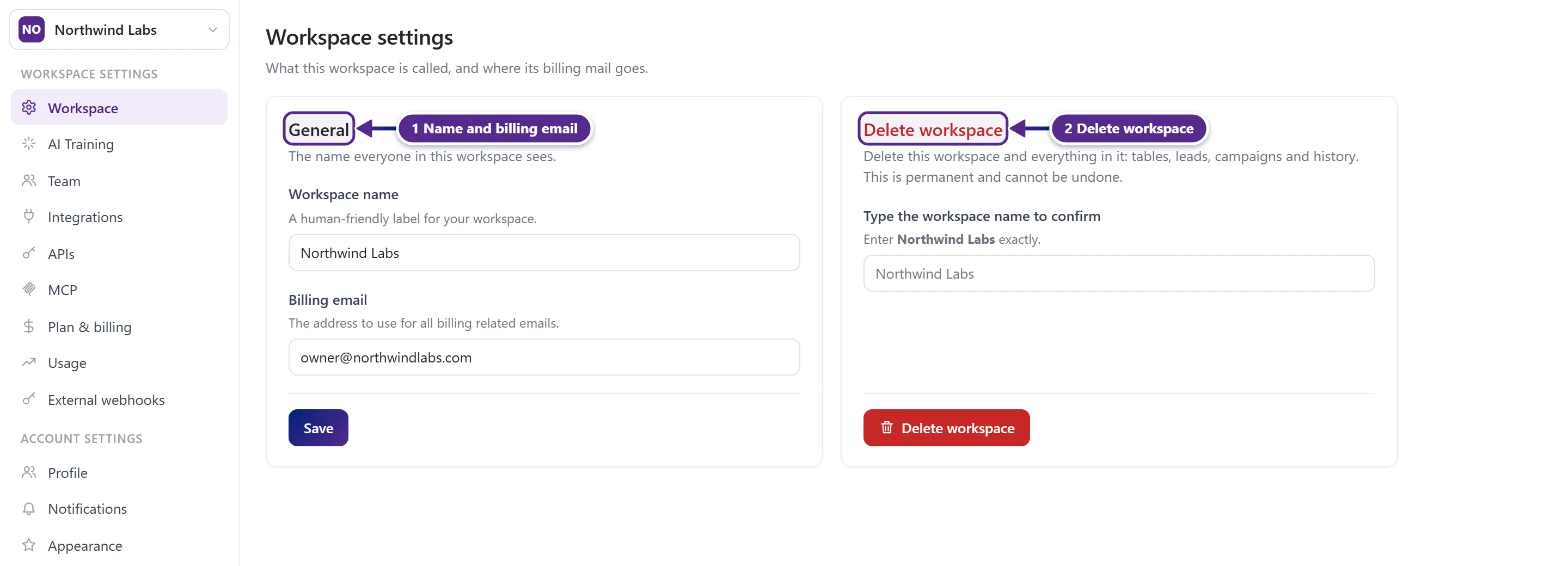 Workspace settings with the settings menu, the General card and the Delete workspace card.