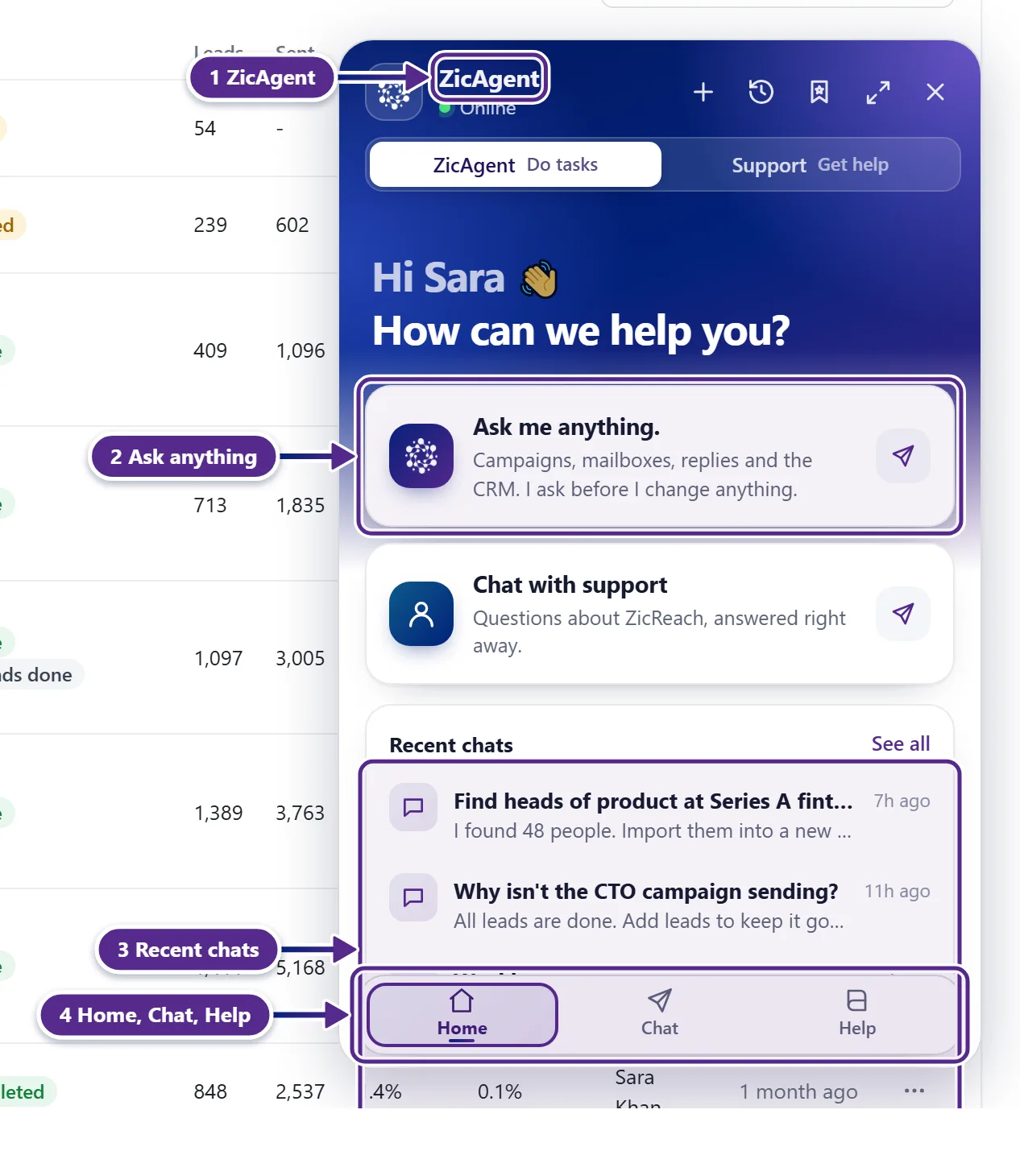 The ZicAgent panel open on its Home tab, with the Ask card, recent chats, help articles and the round button marked.