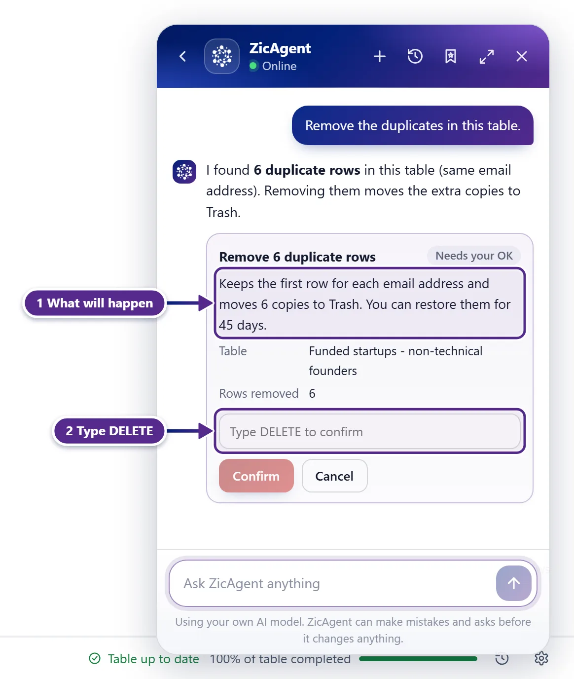 A confirmation card to remove duplicate rows, with the field where you type DELETE.