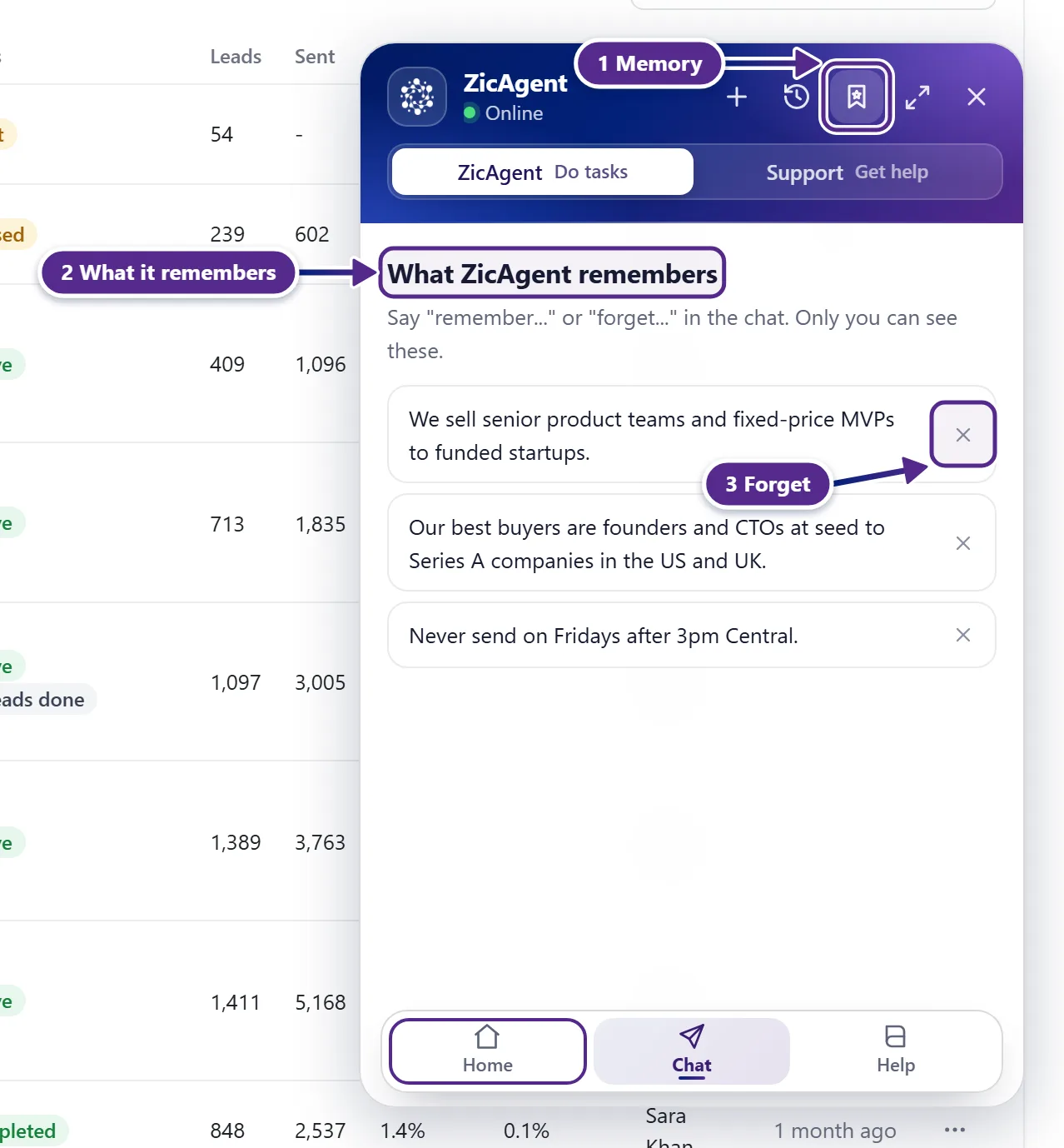 The What ZicAgent remembers view with three saved notes.