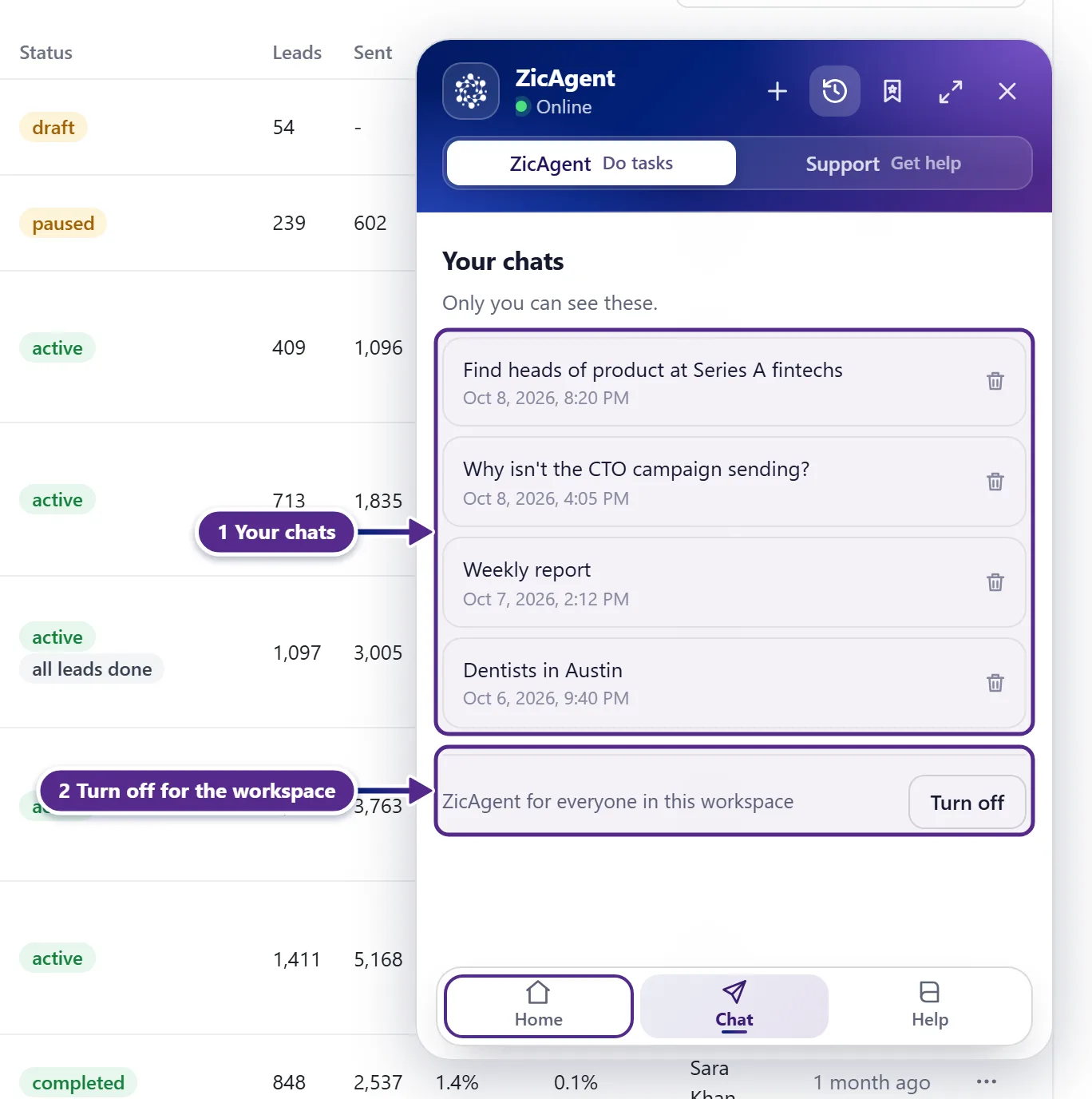 The ZicAgent history view with the list of chats and the switch for the whole workspace.