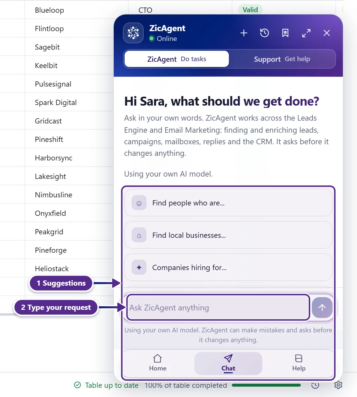 The ZicAgent chat on a table page with the Leads Engine suggestions.