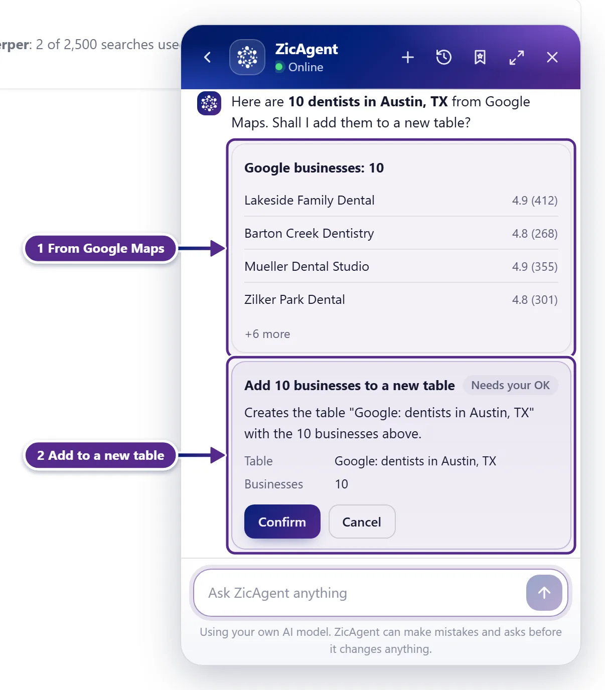 A ZicAgent chat with Google businesses found for dentists in Austin and a card to add them to a table.